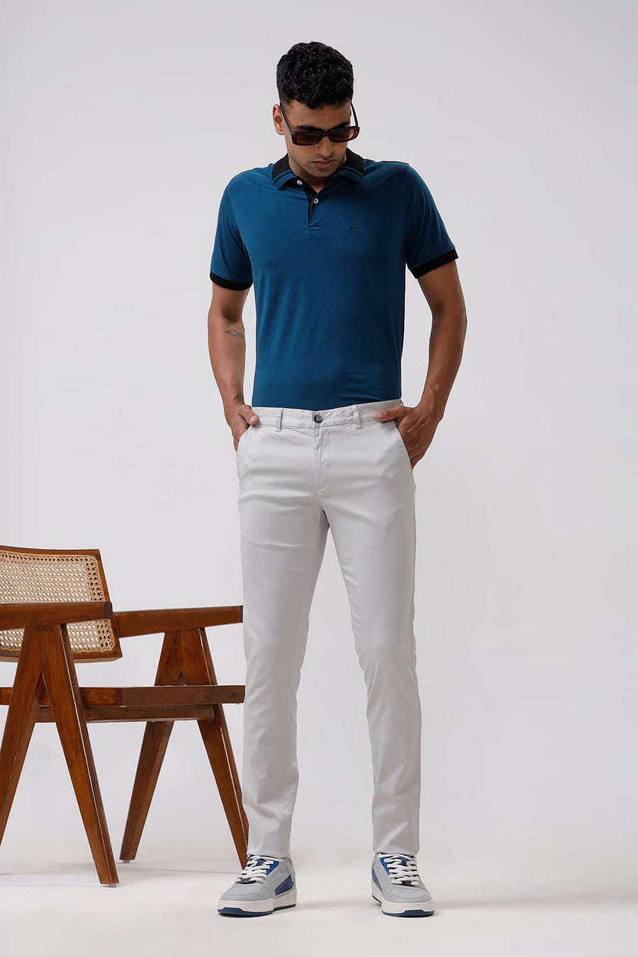 BASICS TAPERED FIT ANTARCTICA GREY SATIN STRETCH TROUSERS