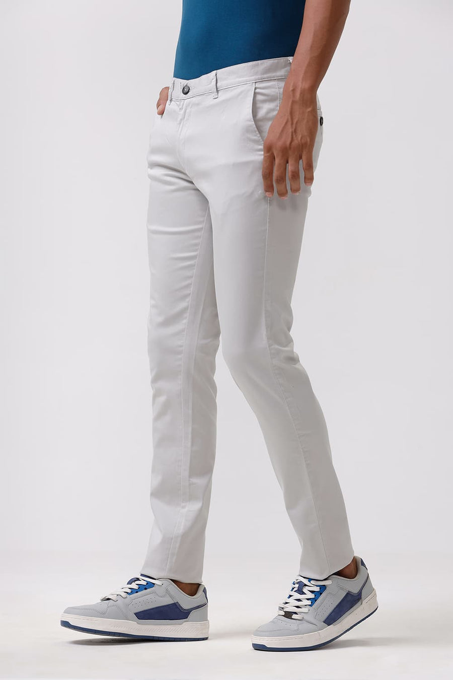 BASICS TAPERED FIT ANTARCTICA GREY SATIN STRETCH TROUSERS