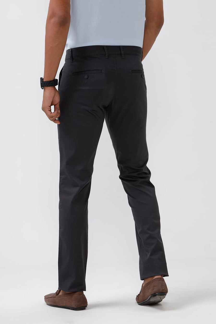 BASICS TAPERED FIT EBONY GREY SATIN STRETCH TROUSERS