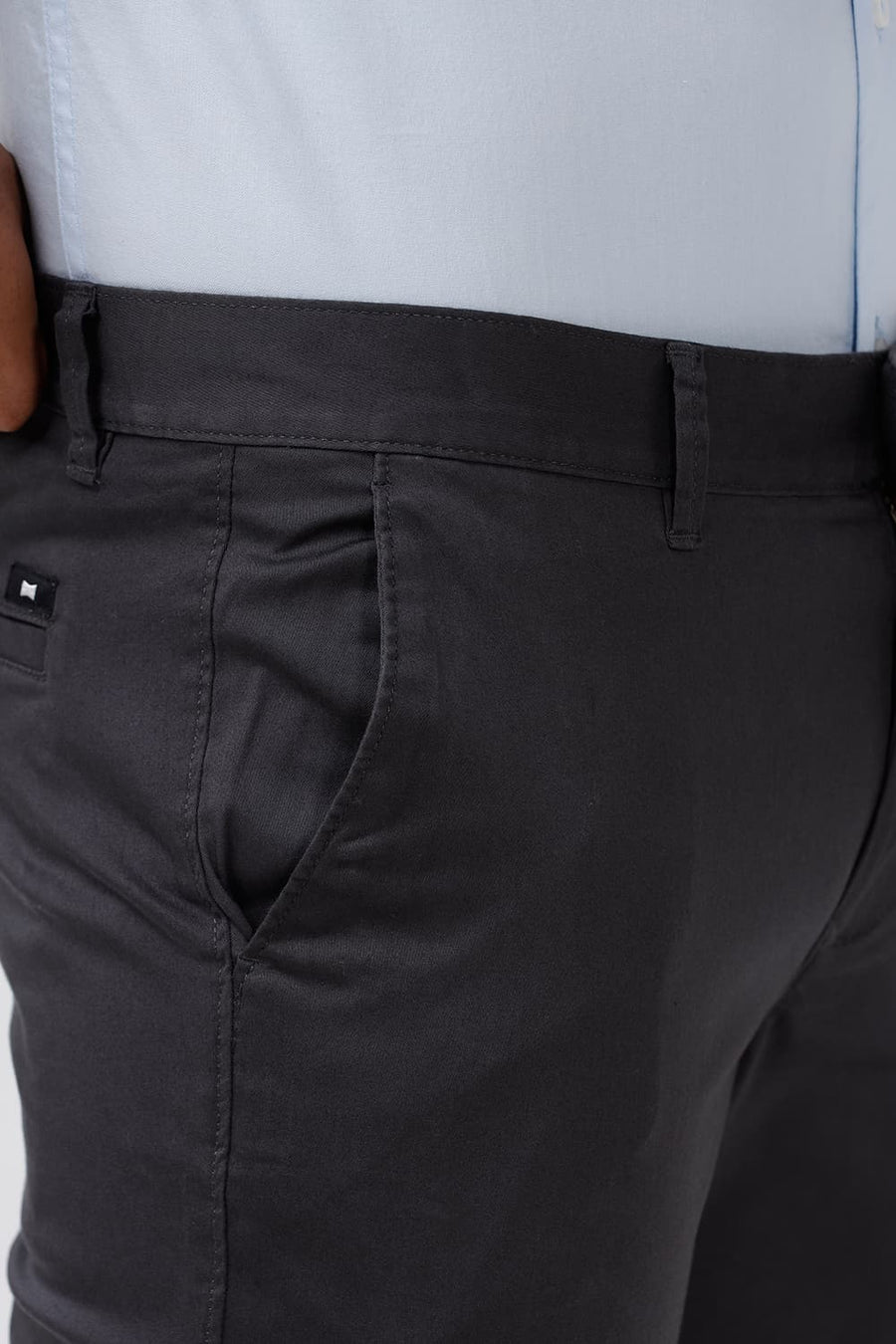 BASICS TAPERED FIT EBONY GREY SATIN STRETCH TROUSERS