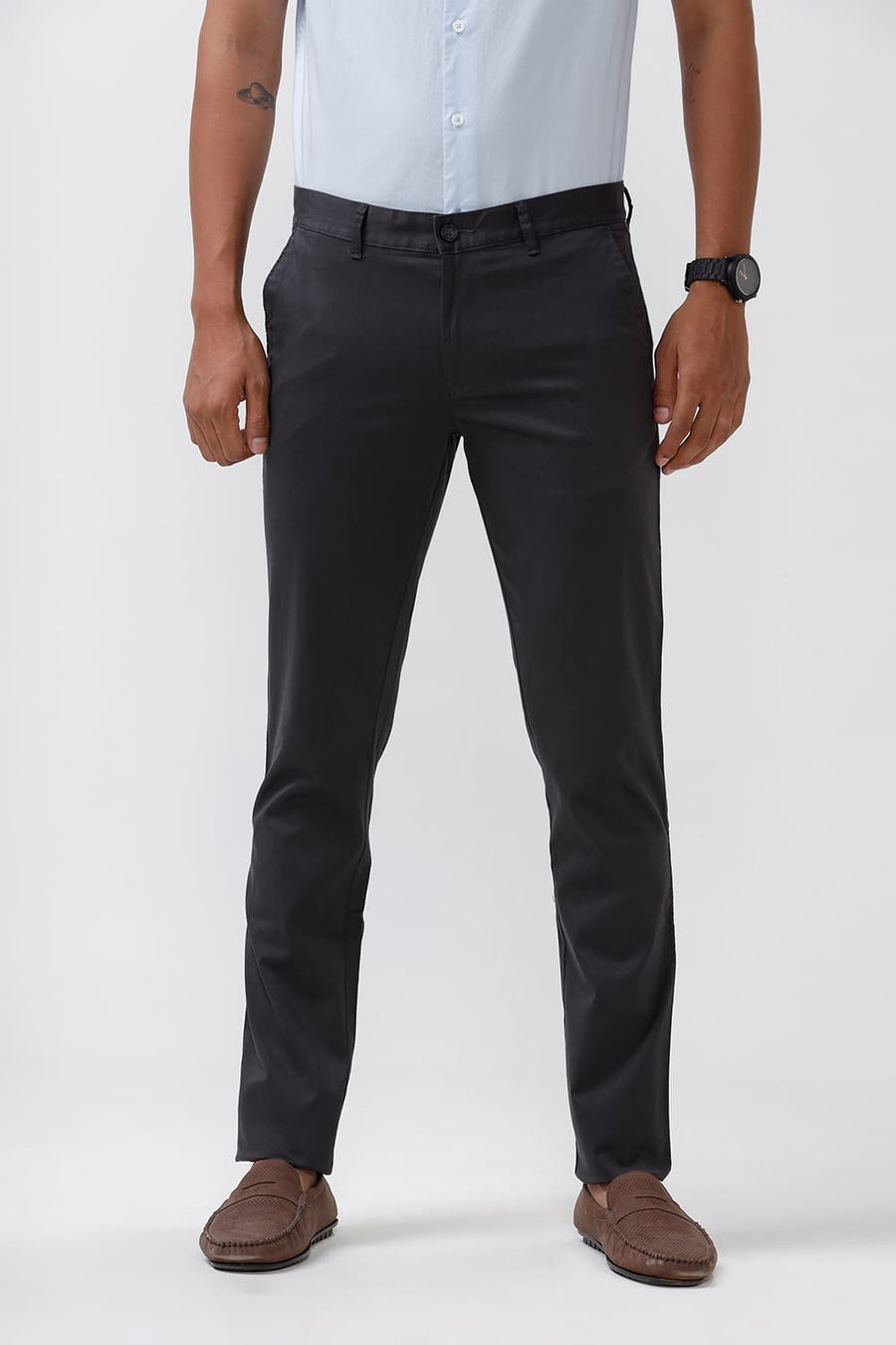 BASICS TAPERED FIT EBONY GREY SATIN STRETCH TROUSERS