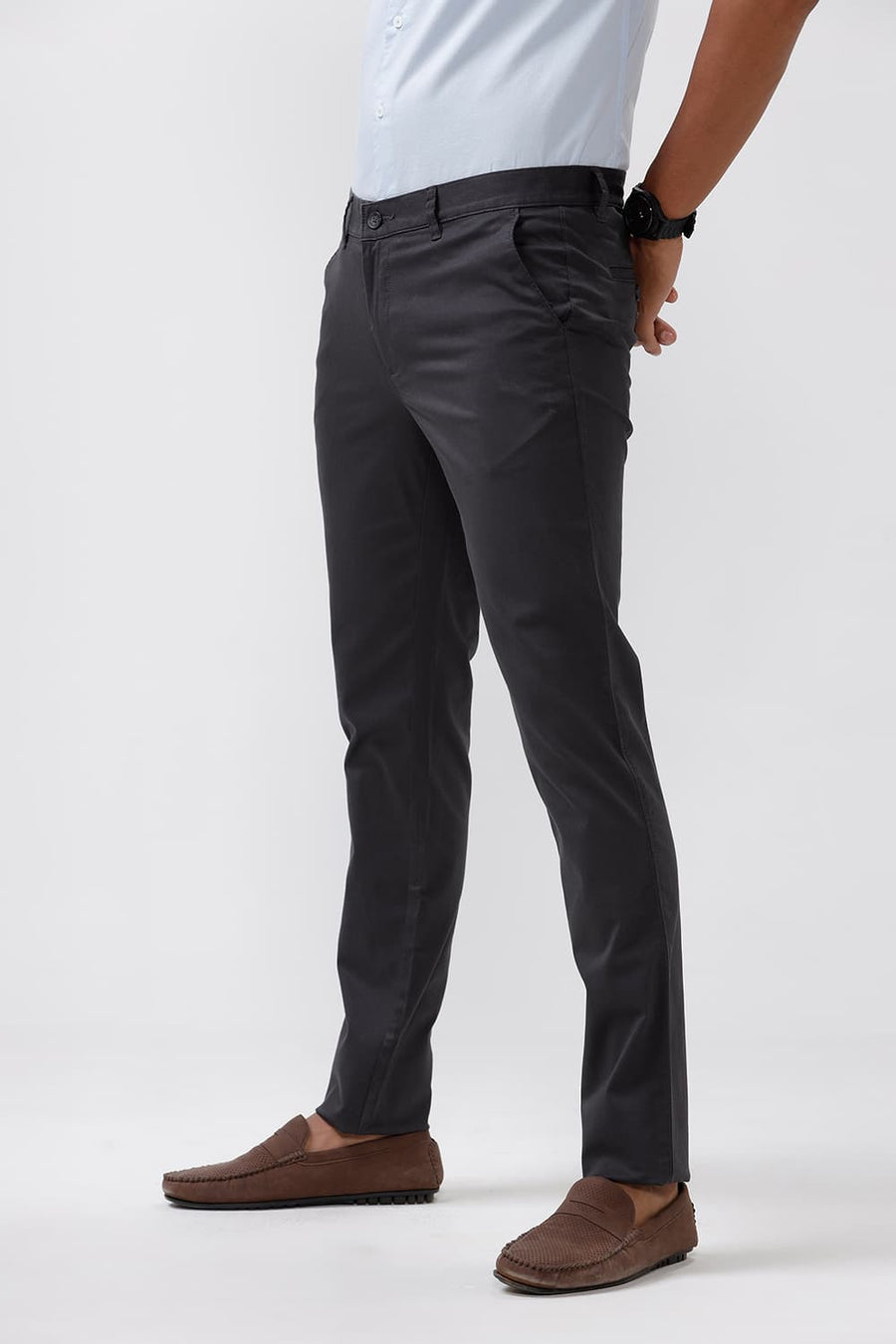 BASICS TAPERED FIT EBONY GREY SATIN STRETCH TROUSERS