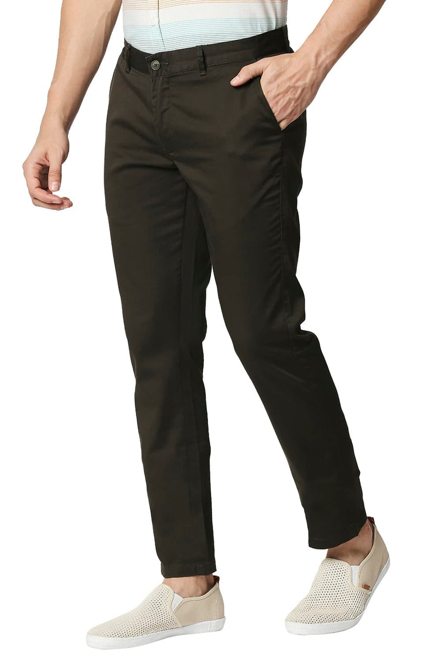 BASICS TAPERED FIT FOREST GREEN SATIN STRETCH TROUSERS