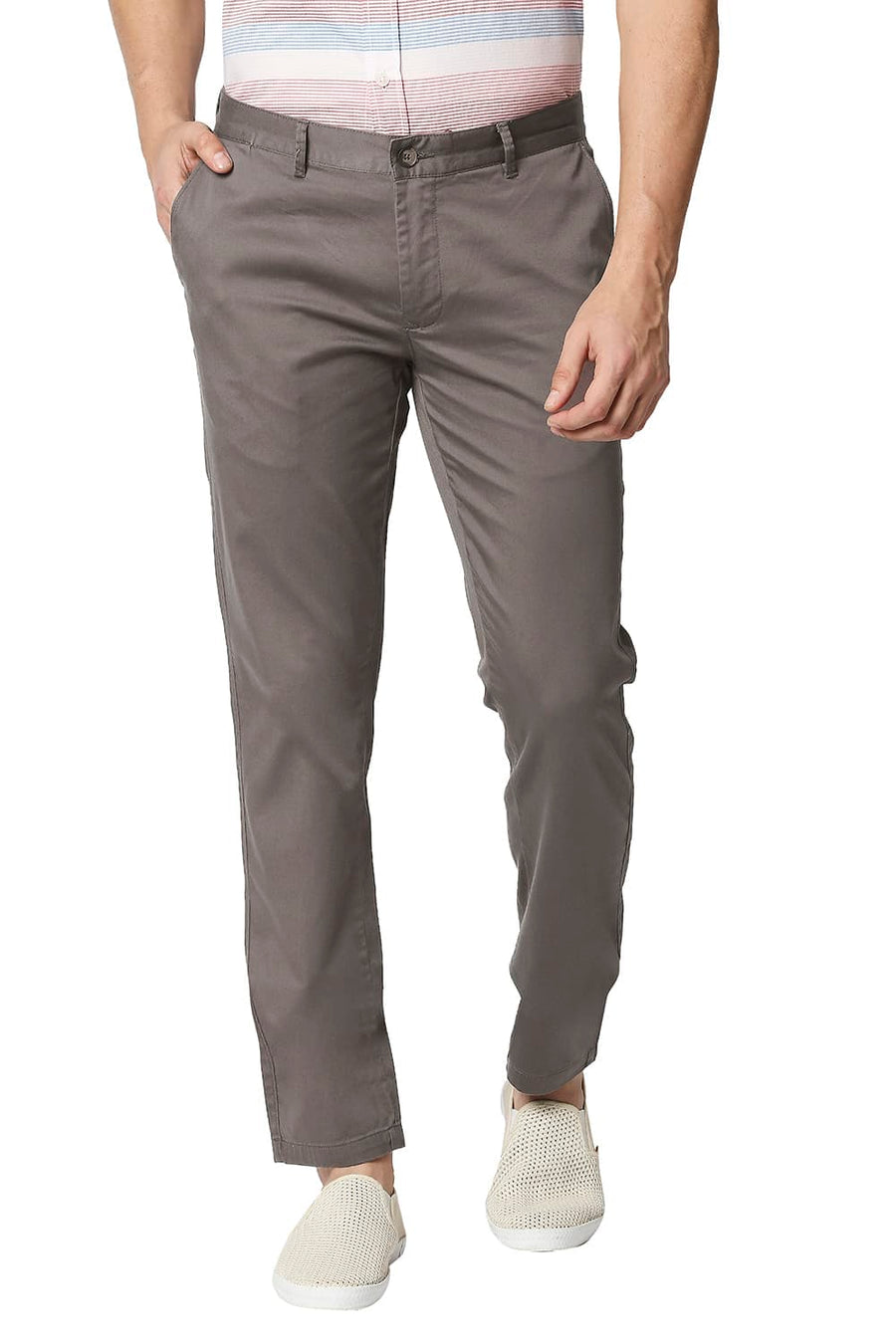BASICS TAPERED FIT IRON BROWN SATIN STRETCH TROUSERS