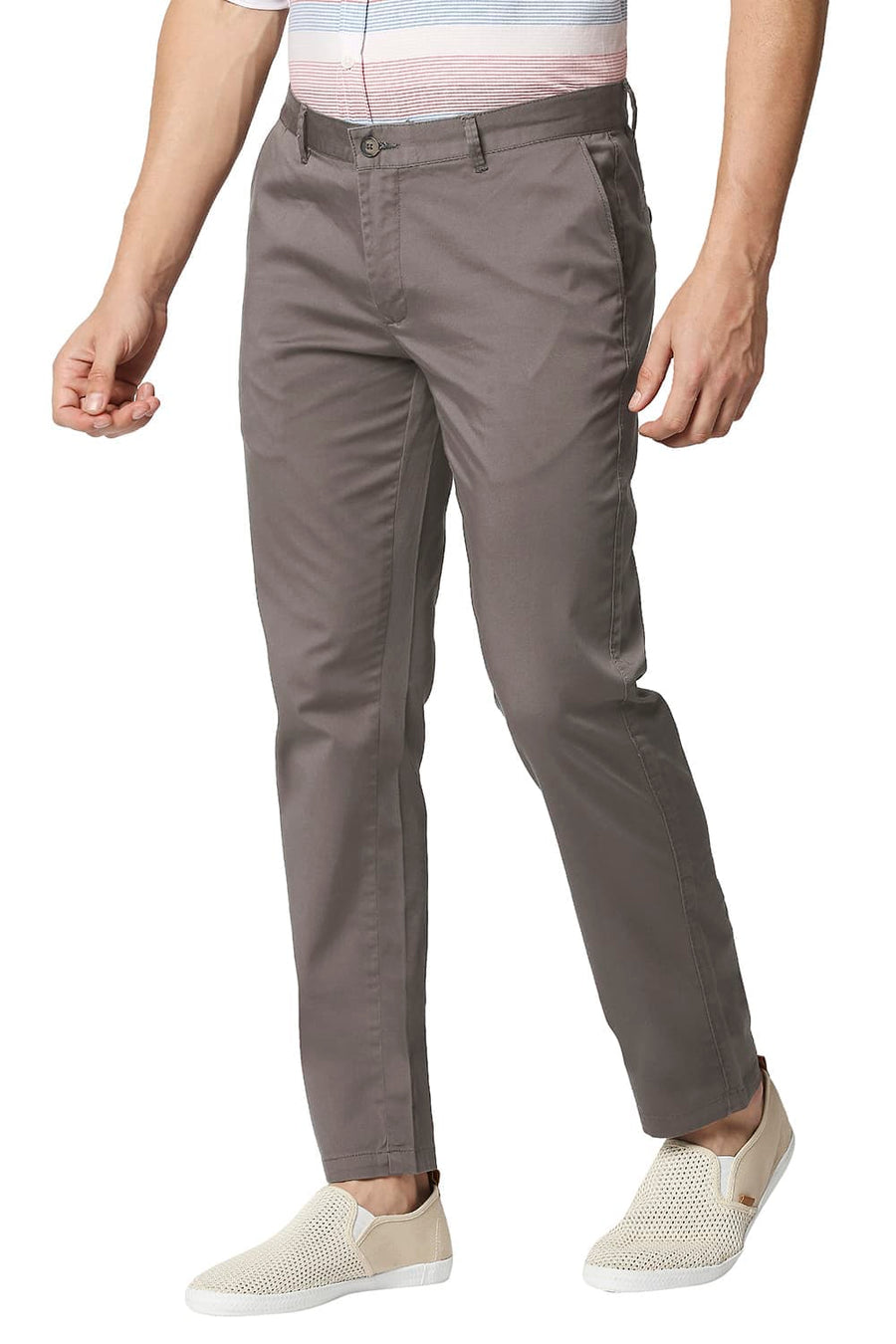BASICS TAPERED FIT IRON BROWN SATIN STRETCH TROUSERS