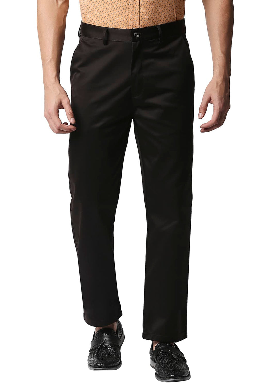BASICS COMFORT FIT COFFEE SATIN WEAVE POLY COTTON TROUSERS