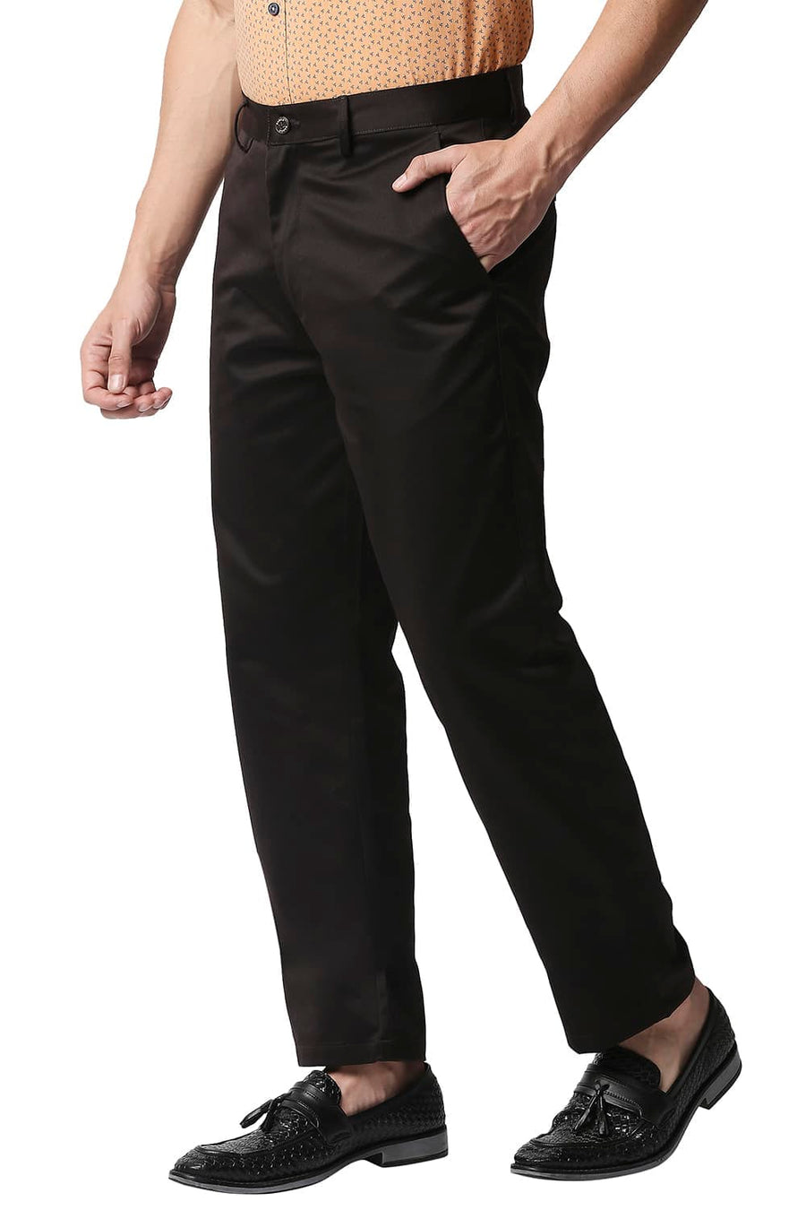 BASICS COMFORT FIT COFFEE SATIN WEAVE POLY COTTON TROUSERS