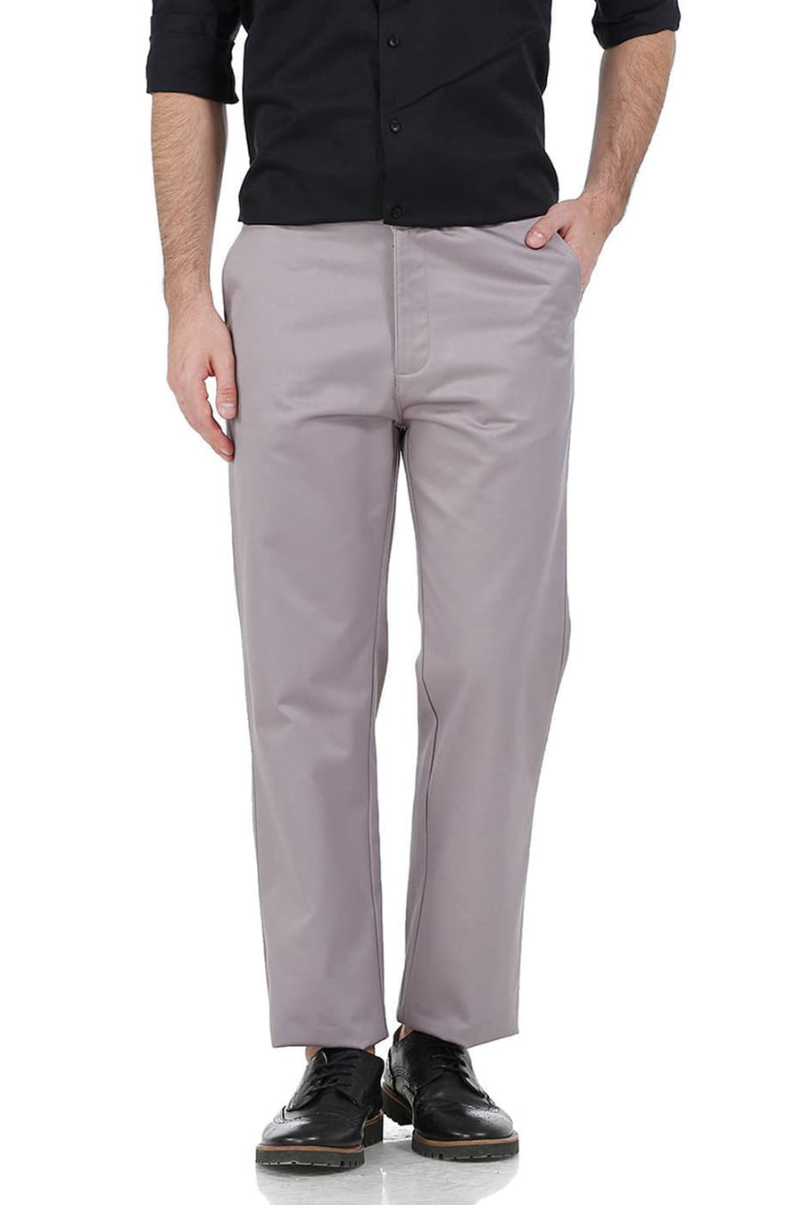 BASICS COMFORT FIT GREY SATIN WEAVE POLY COTTON TROUSERS