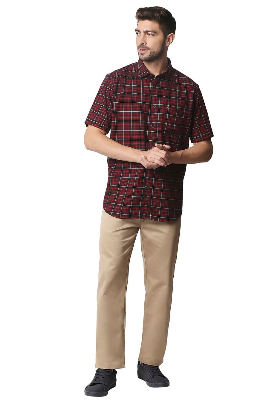 BASICS COMFORT FIT KHAKI SATIN WEAVE POLY COTTON TROUSERS