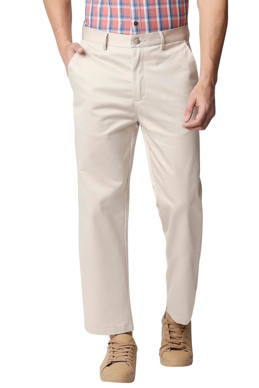 BASICS COMFORT FIT ECRU SATIN WEAVE POLY COTTON TROUSERS