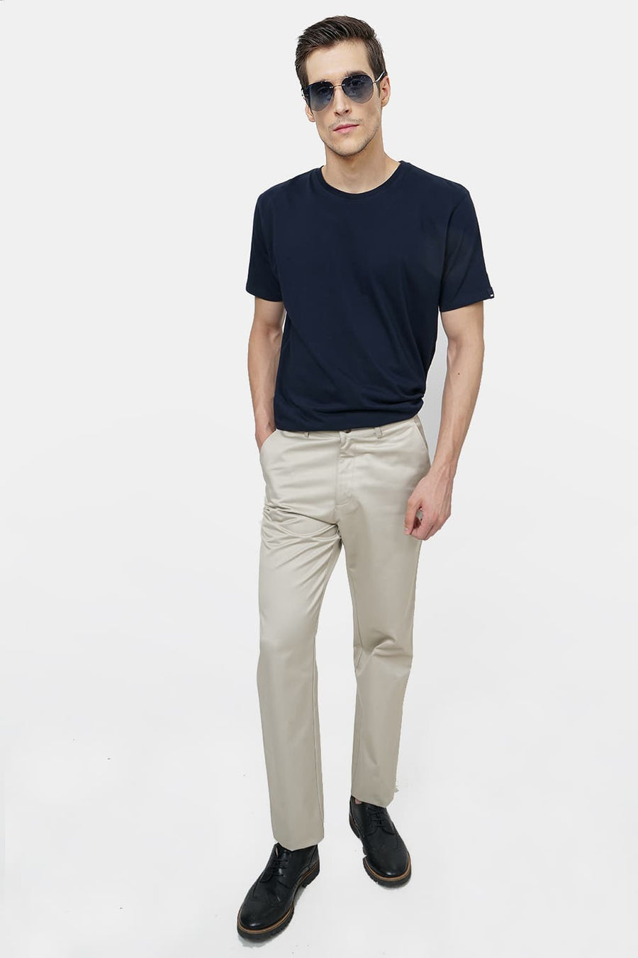BASICS COMFORT FIT LIGHT GREY SATIN WEAVE POLY COTTON TROUSERS