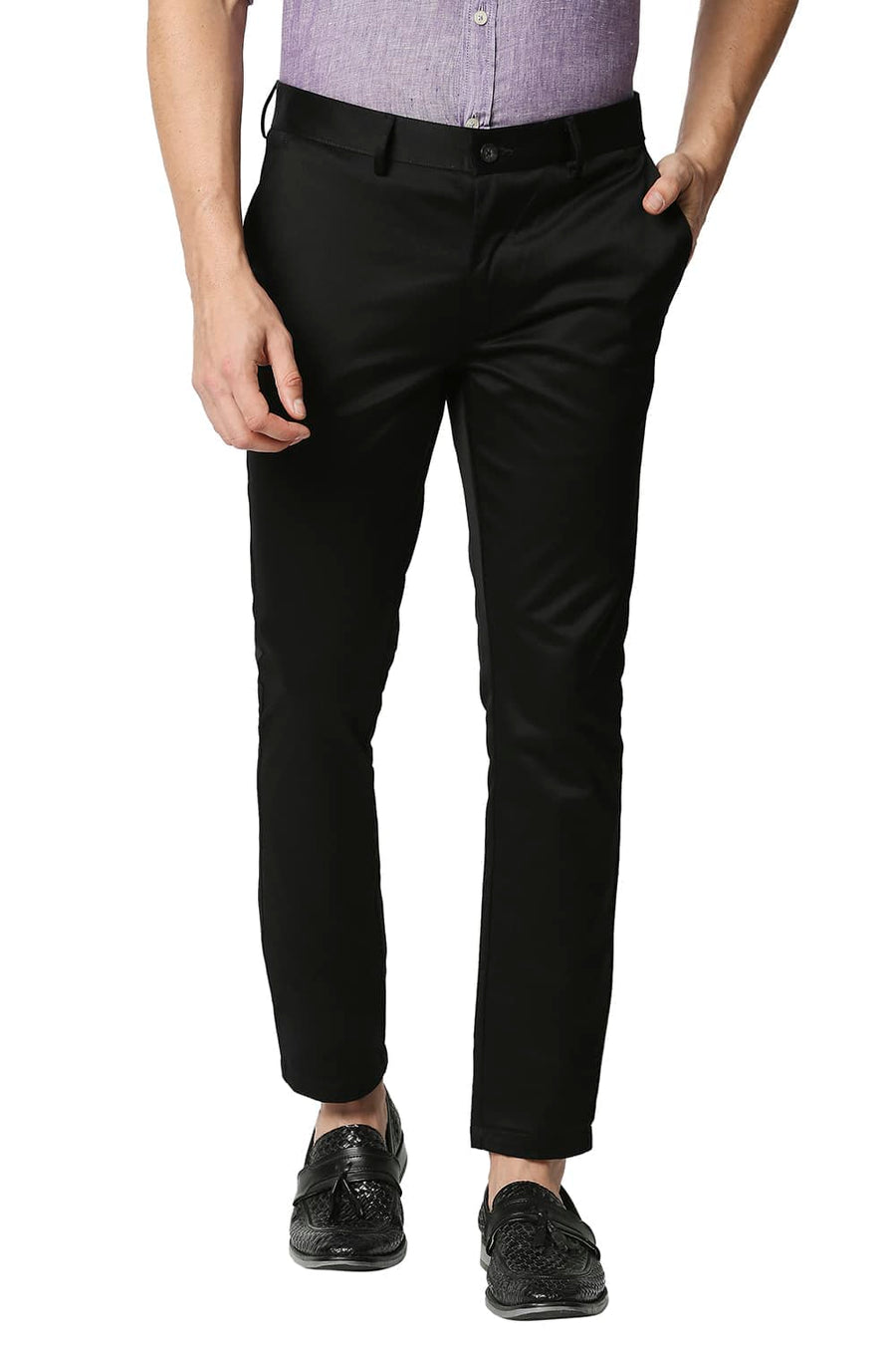 BASICS TAPERED FIT BLACK SATIN TROUSERS