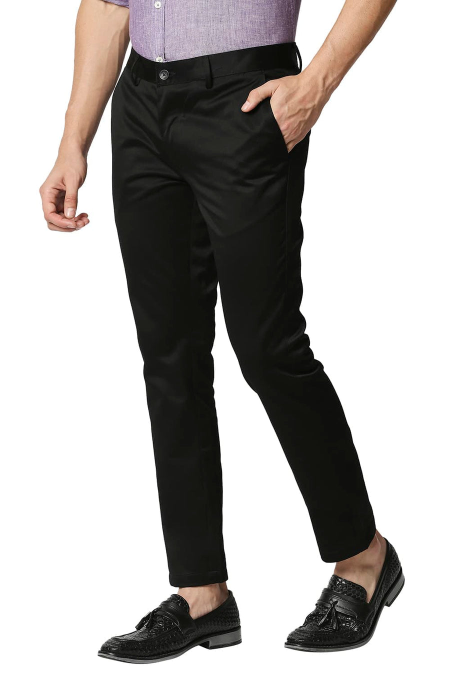 BASICS TAPERED FIT BLACK SATIN TROUSERS
