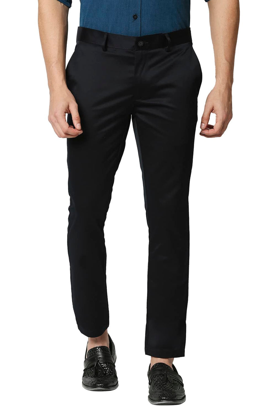 BASICS TAPERED FIT NAVY SATIN TROUSERS