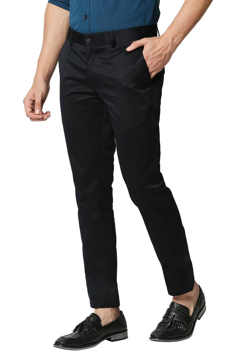 BASICS TAPERED FIT NAVY SATIN TROUSERS