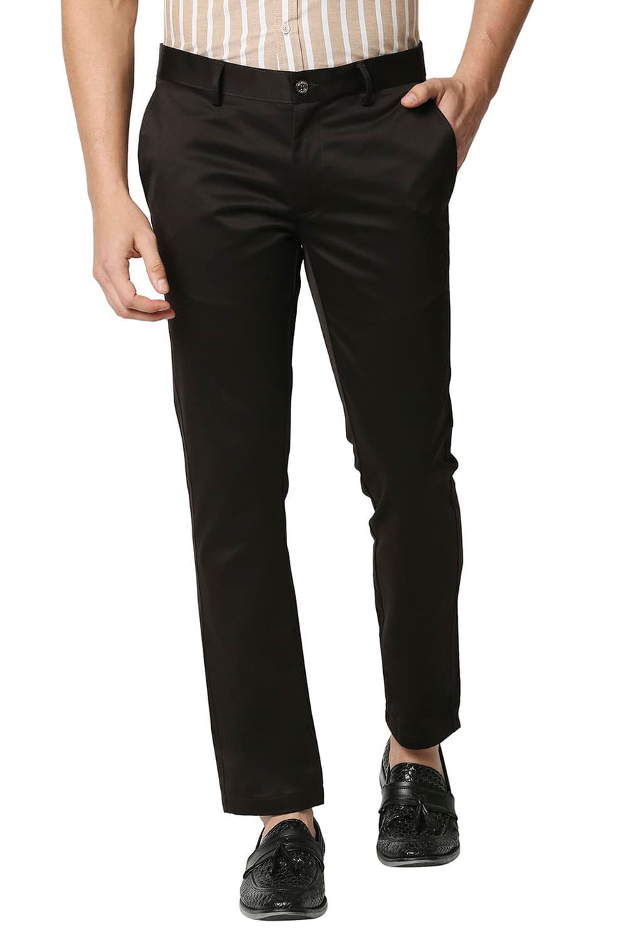BASICS TAPERED FIT COFFEE SATIN TROUSERS