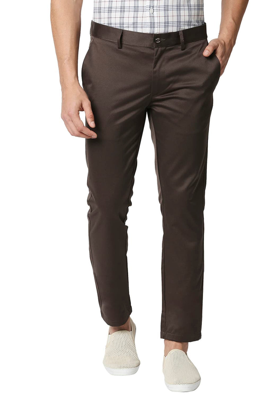 BASICS TAPERED FIT MID BROWN SATIN TROUSERS