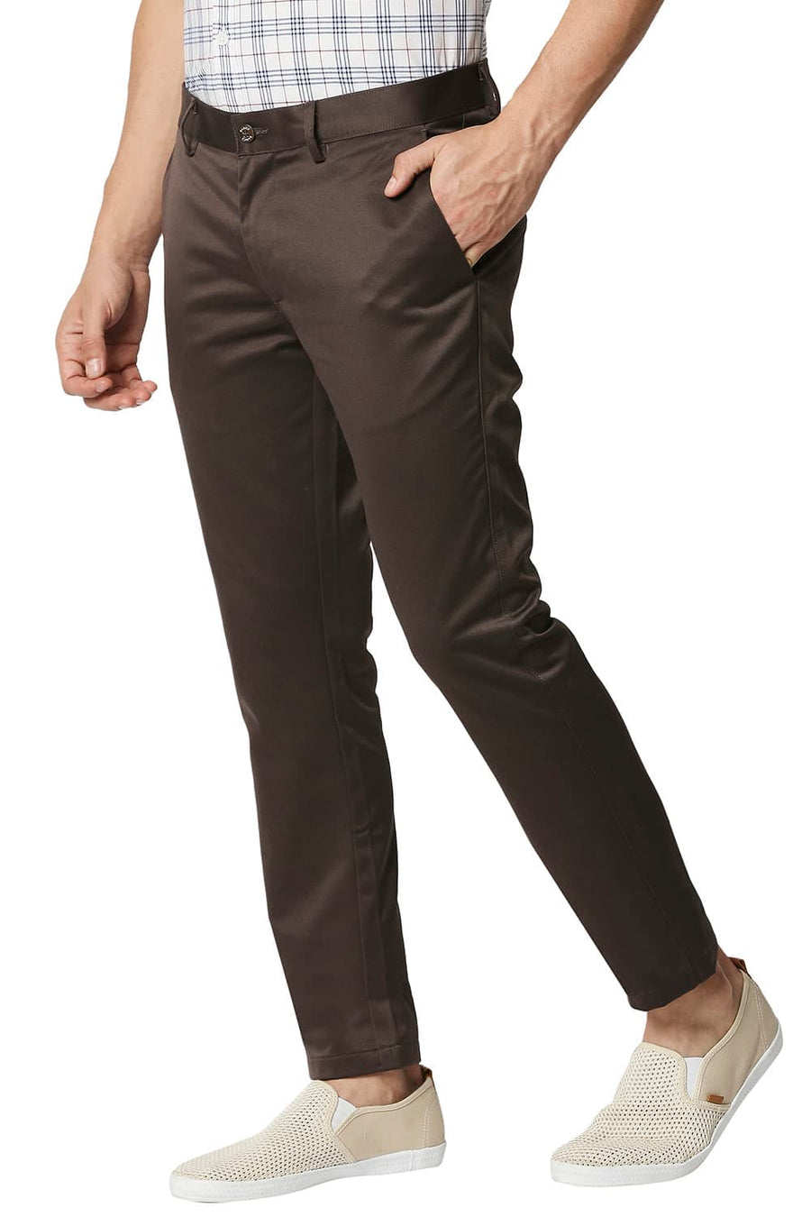 BASICS TAPERED FIT MID BROWN SATIN TROUSERS