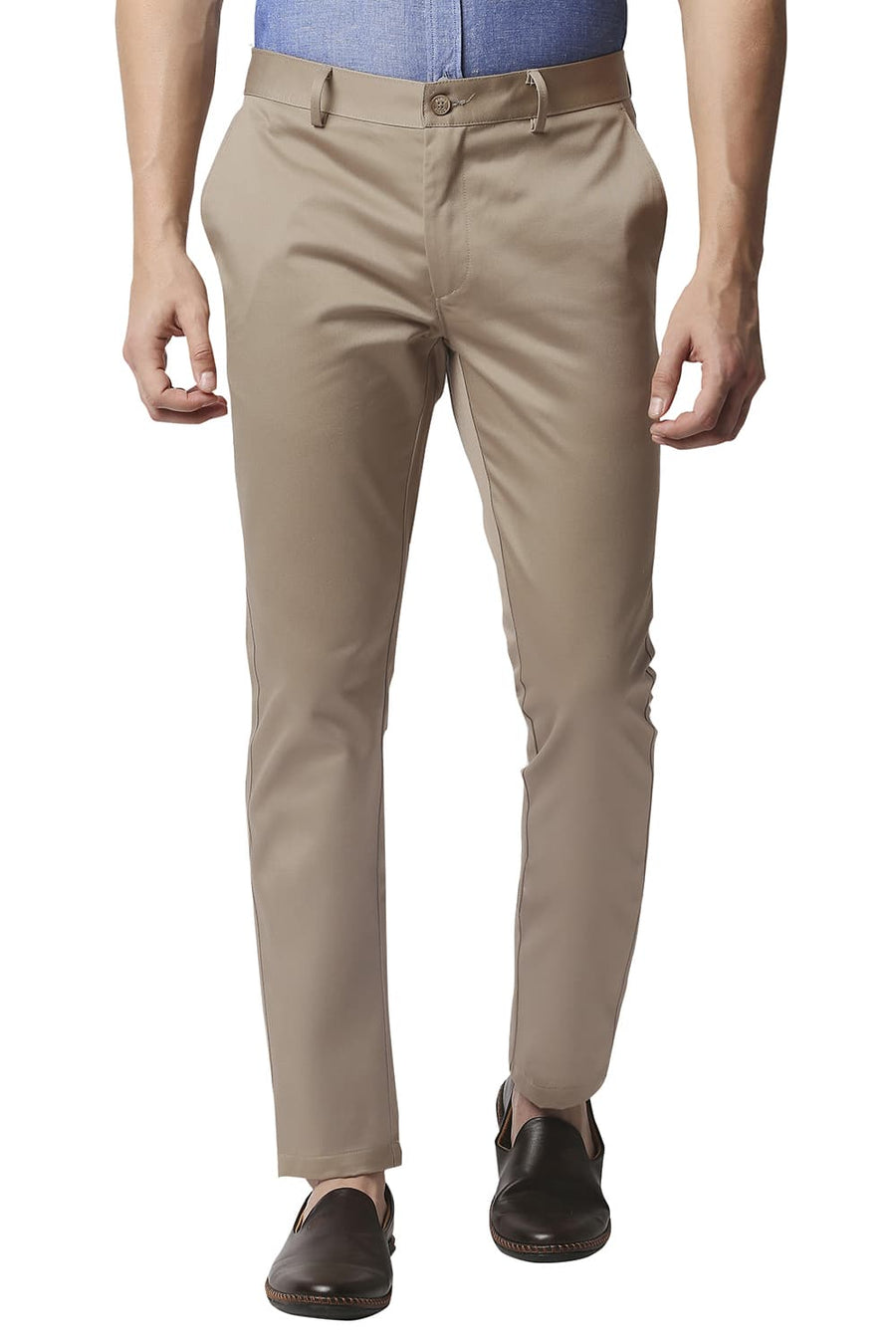 BASICS TAPERED FIT KHAKI SATIN TROUSERS