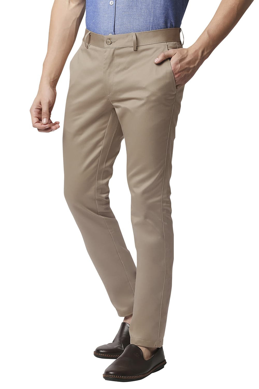 BASICS TAPERED FIT KHAKI SATIN TROUSERS