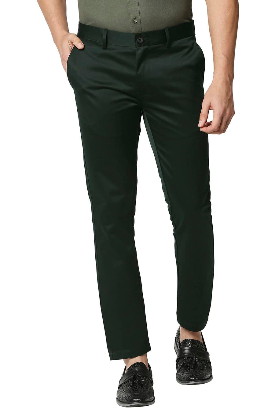 BASICS TAPERED FIT DARK GREEN SATIN TROUSERS