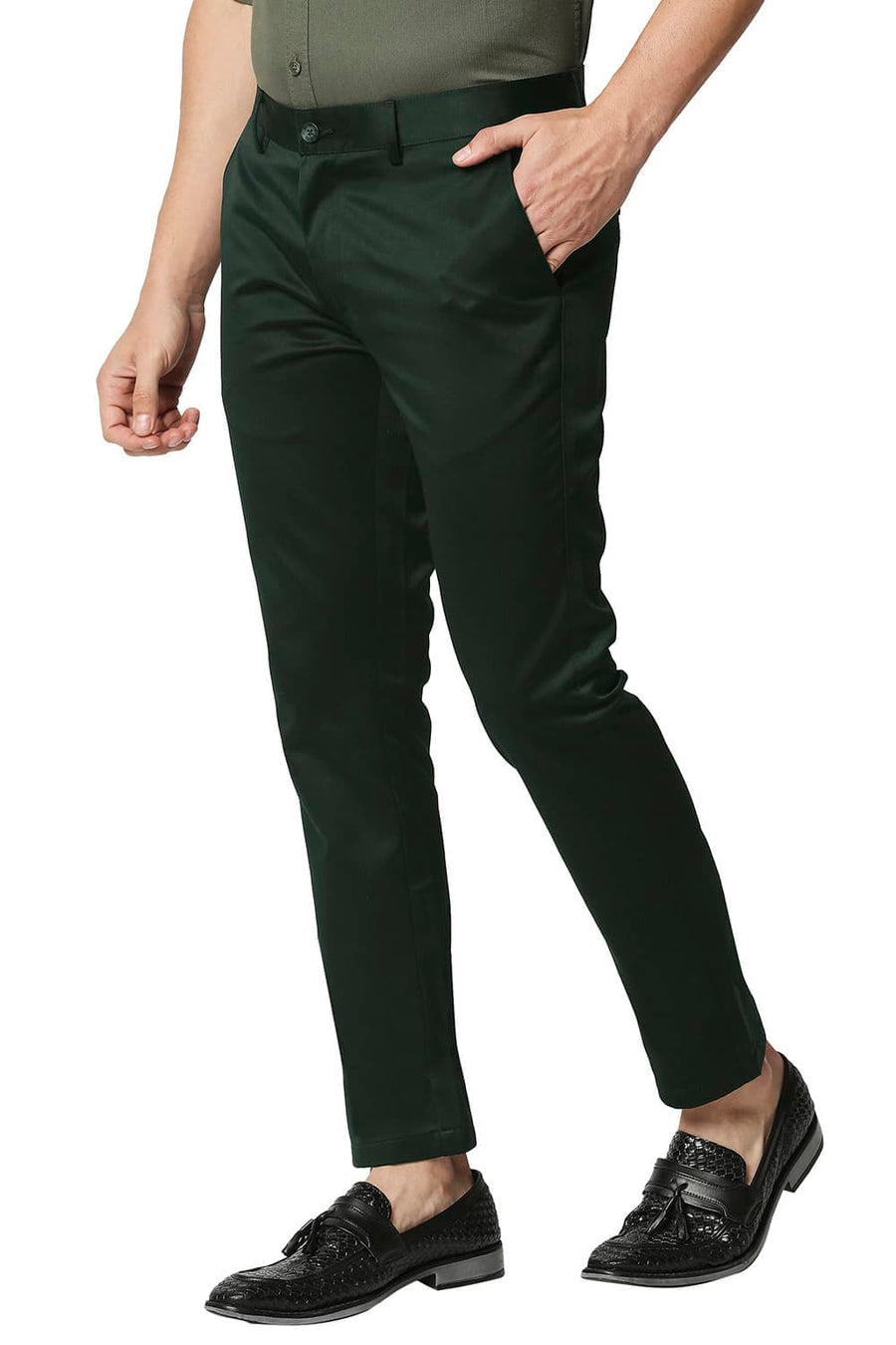 BASICS TAPERED FIT DARK GREEN SATIN TROUSERS
