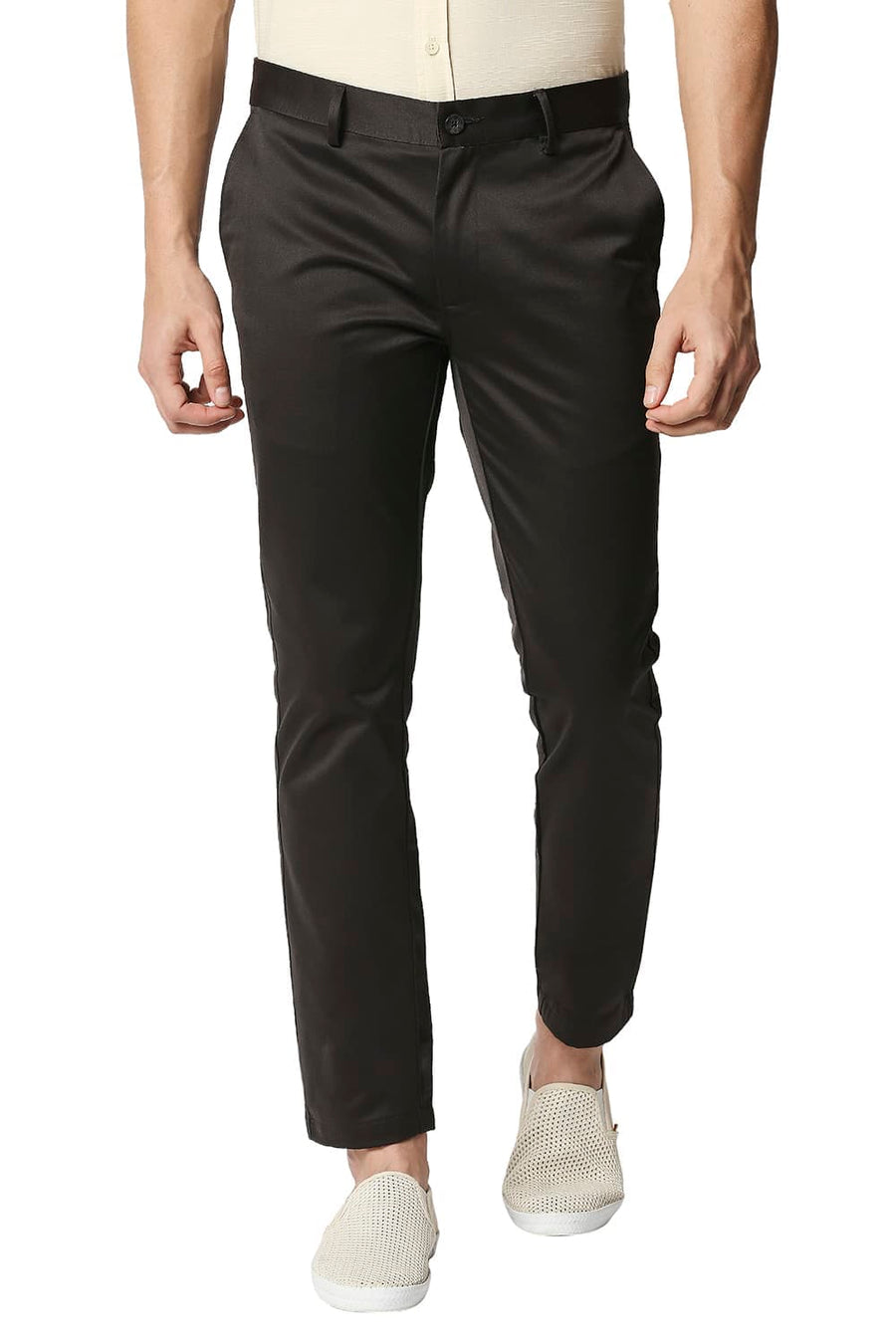 BASICS TAPERED FIT DARK GREY SATIN TROUSERS