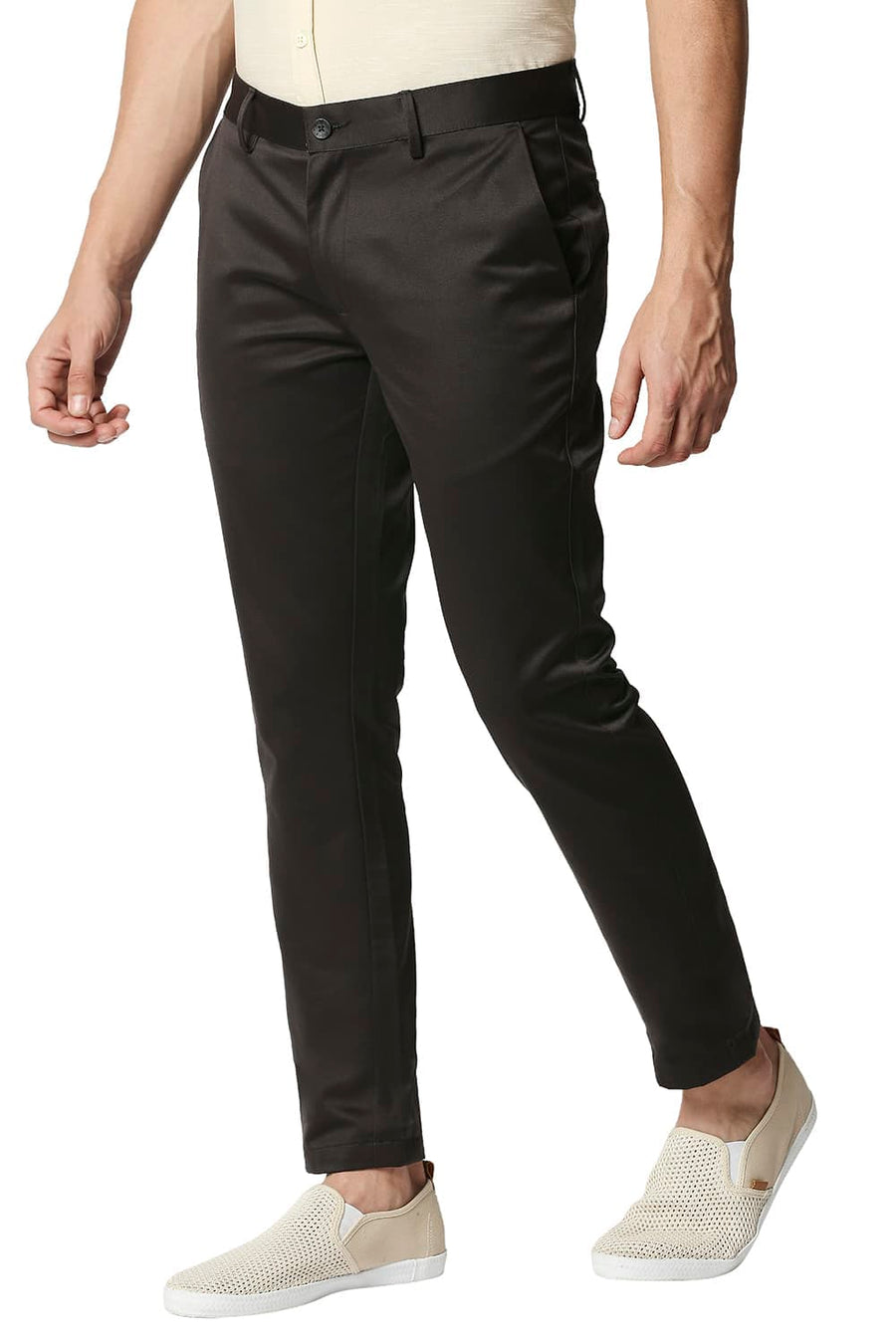 BASICS TAPERED FIT DARK GREY SATIN TROUSERS