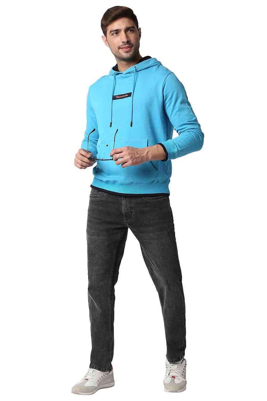 BASICS MUSCLE FIT HORIZON BLUE BRUSHED FLEECE HOOD PULLOVER JACKET