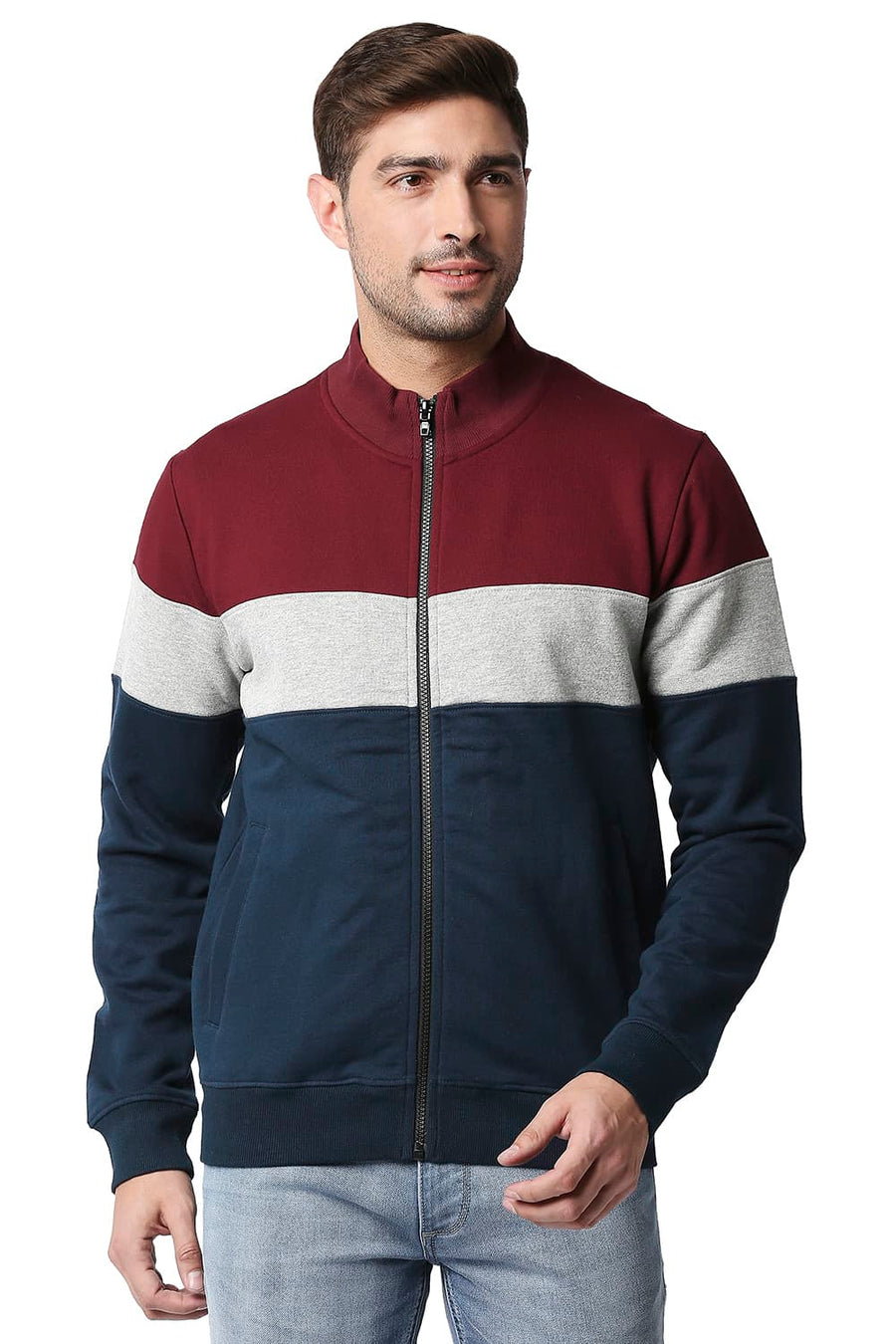 BASICS MUSCLE FIT DRESS BLUE LOOP KNIT HIGH NECK JACKET