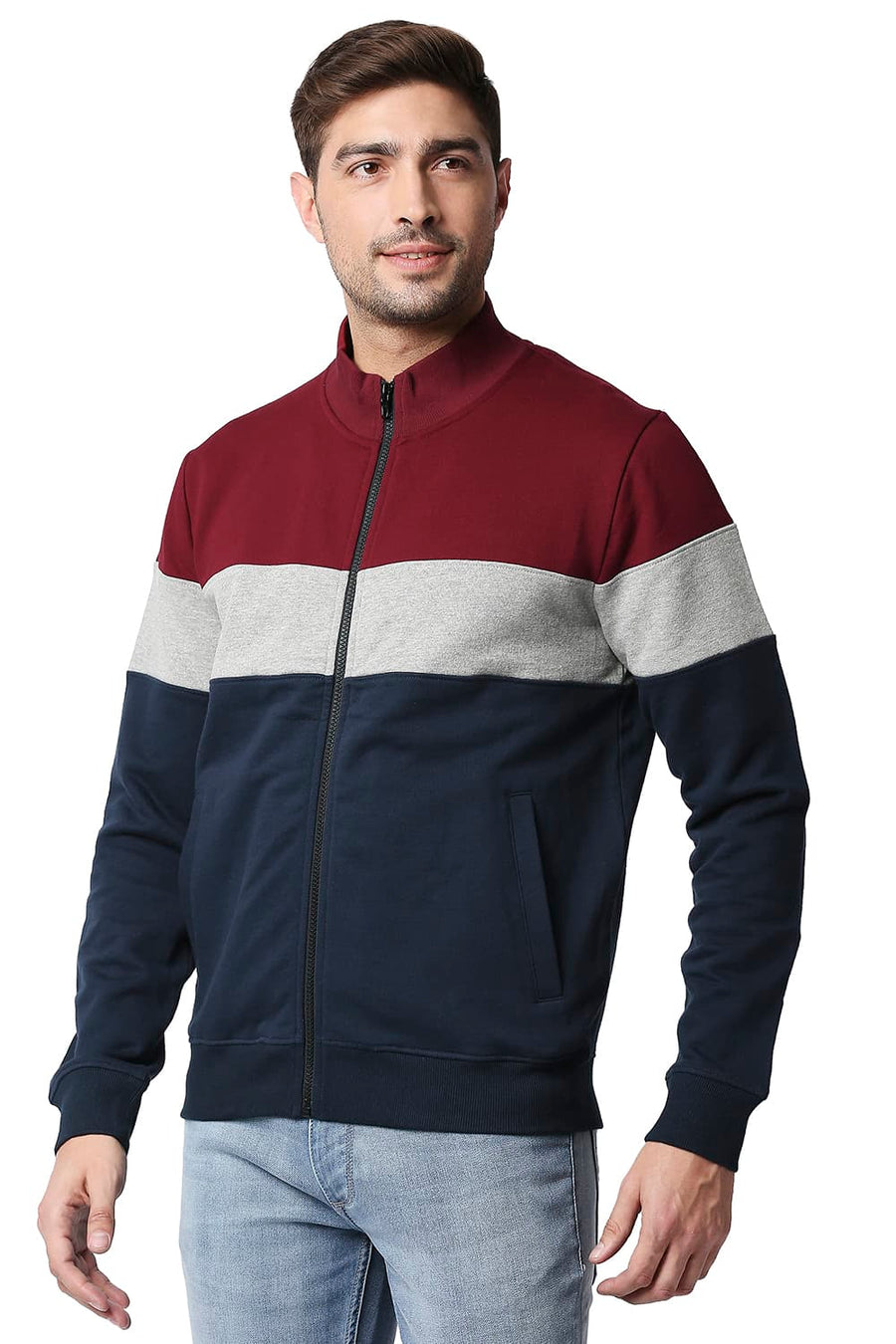 BASICS MUSCLE FIT DRESS BLUE LOOP KNIT HIGH NECK JACKET