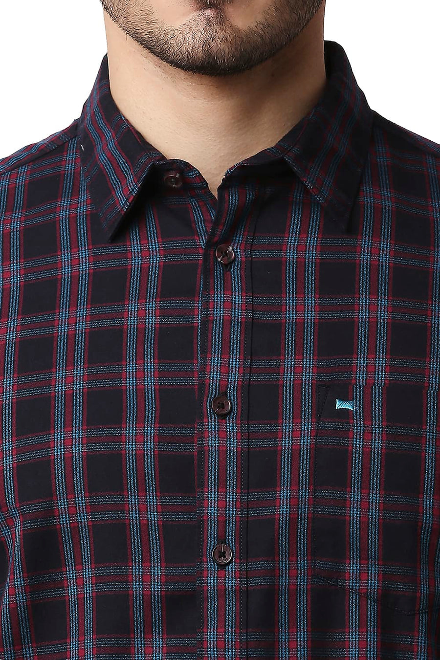 BASICS SLIM FIT HORIZON BLUE CREPE CHECKS SHIRT