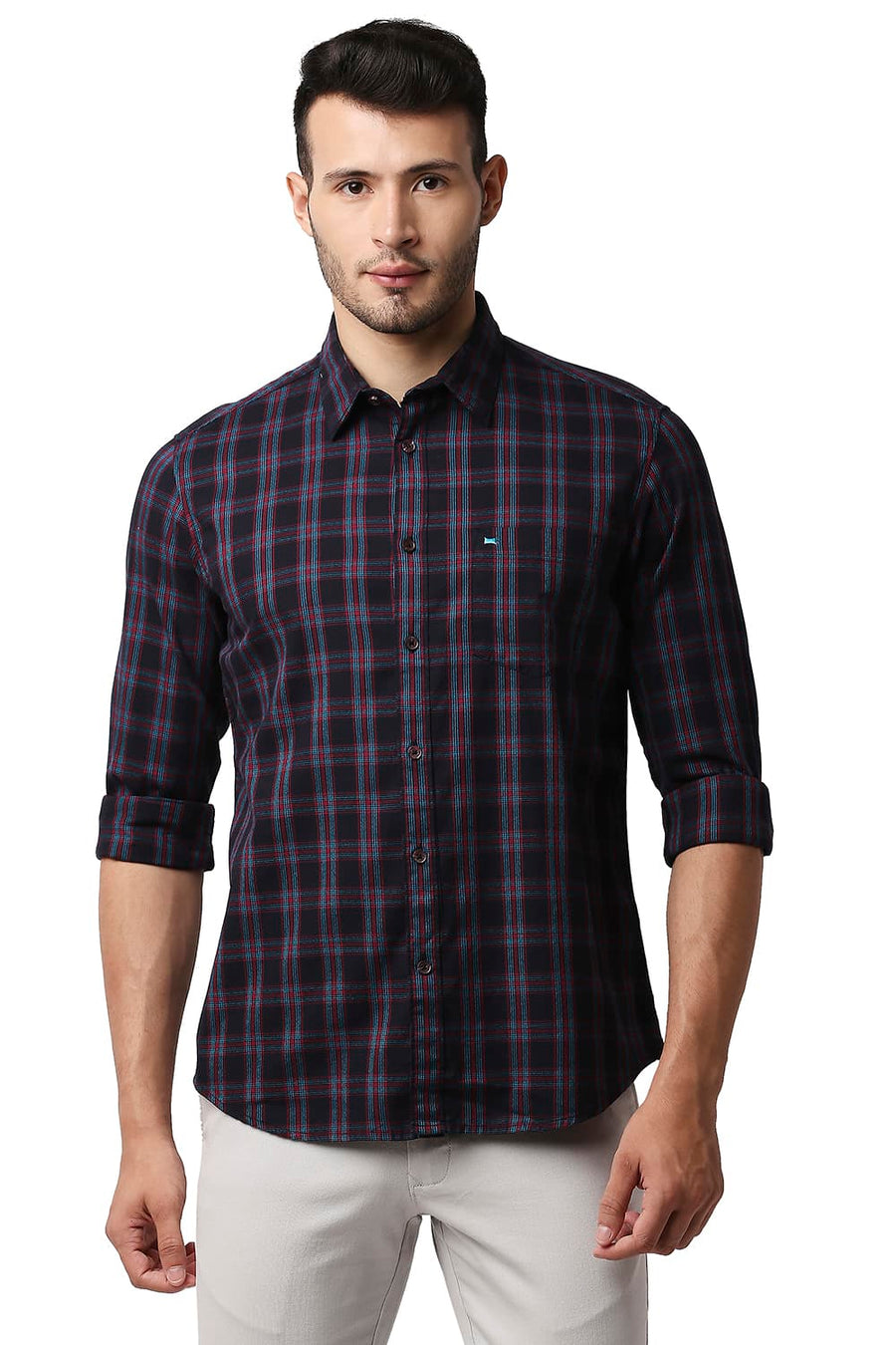 BASICS SLIM FIT HORIZON BLUE CREPE CHECKS SHIRT
