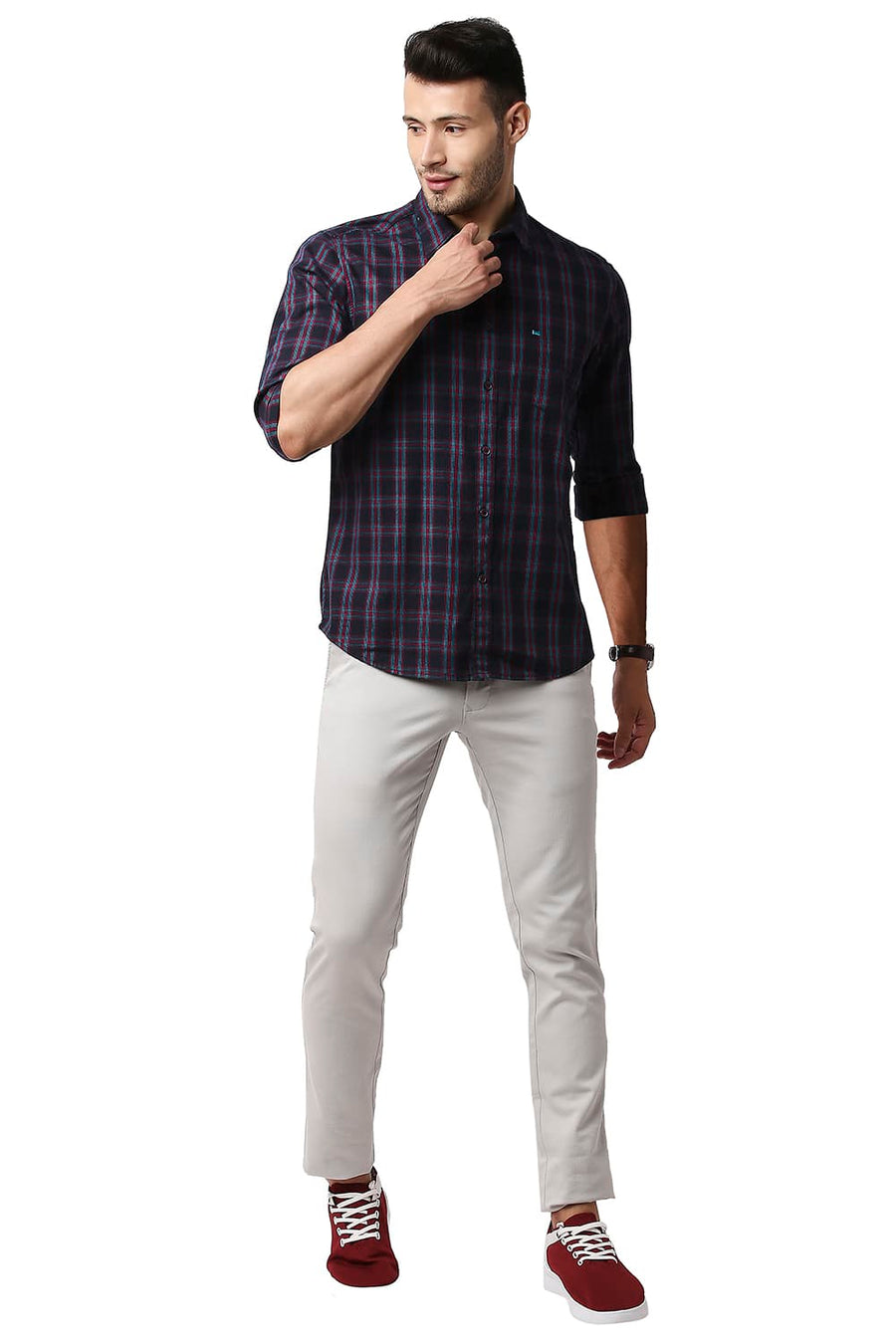 BASICS SLIM FIT HORIZON BLUE CREPE CHECKS SHIRT