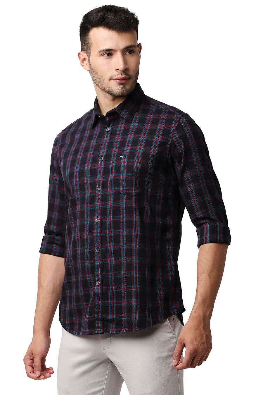 BASICS SLIM FIT HORIZON BLUE CREPE CHECKS SHIRT