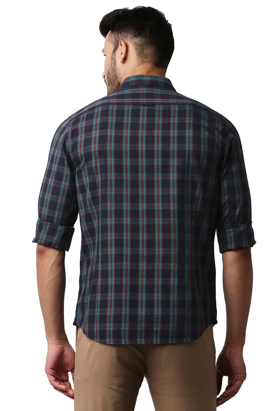 BASICS SLIM FIT POOL GREEN CREPE CHECKS SHIRT