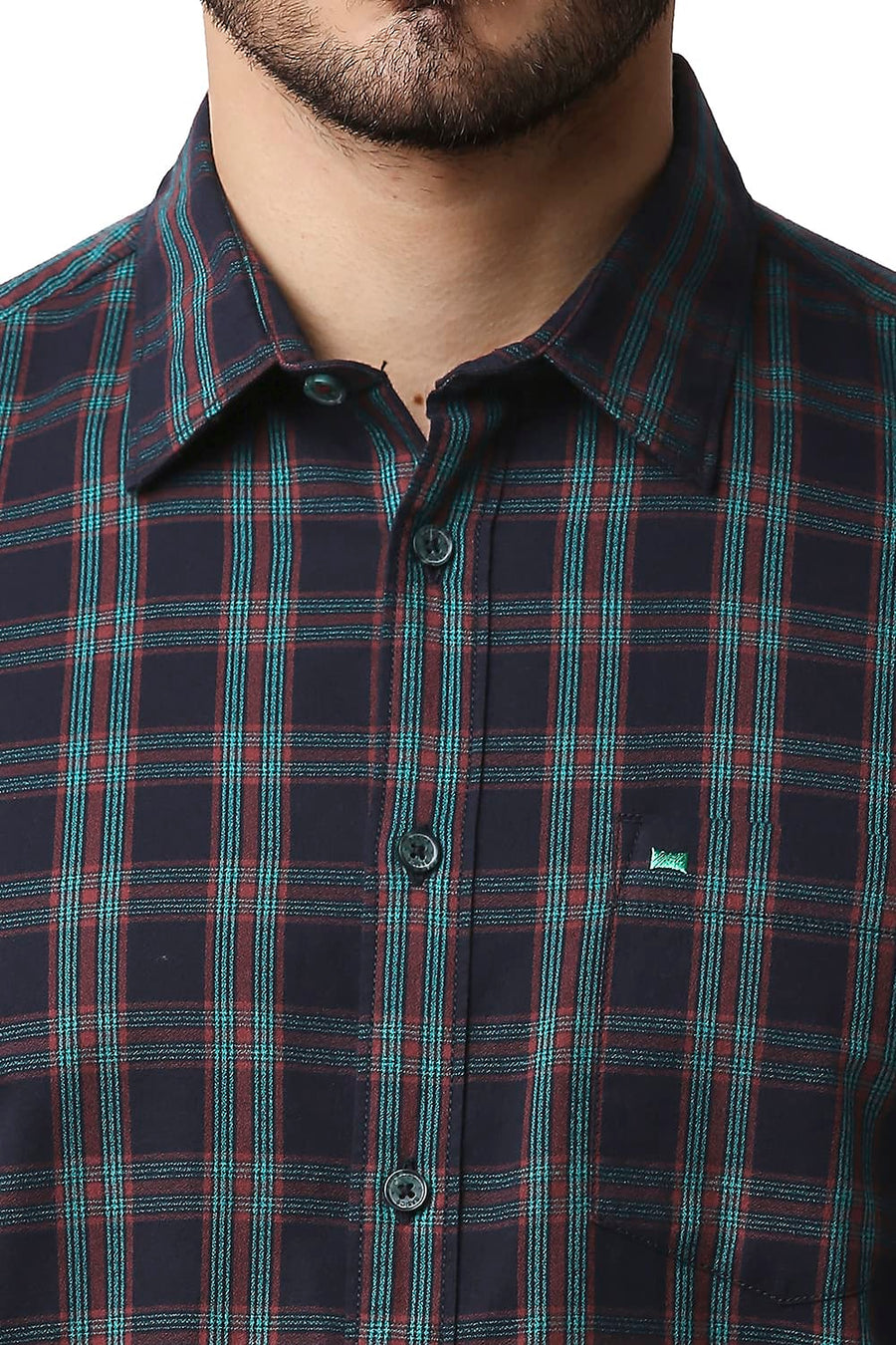 BASICS SLIM FIT POOL GREEN CREPE CHECKS SHIRT