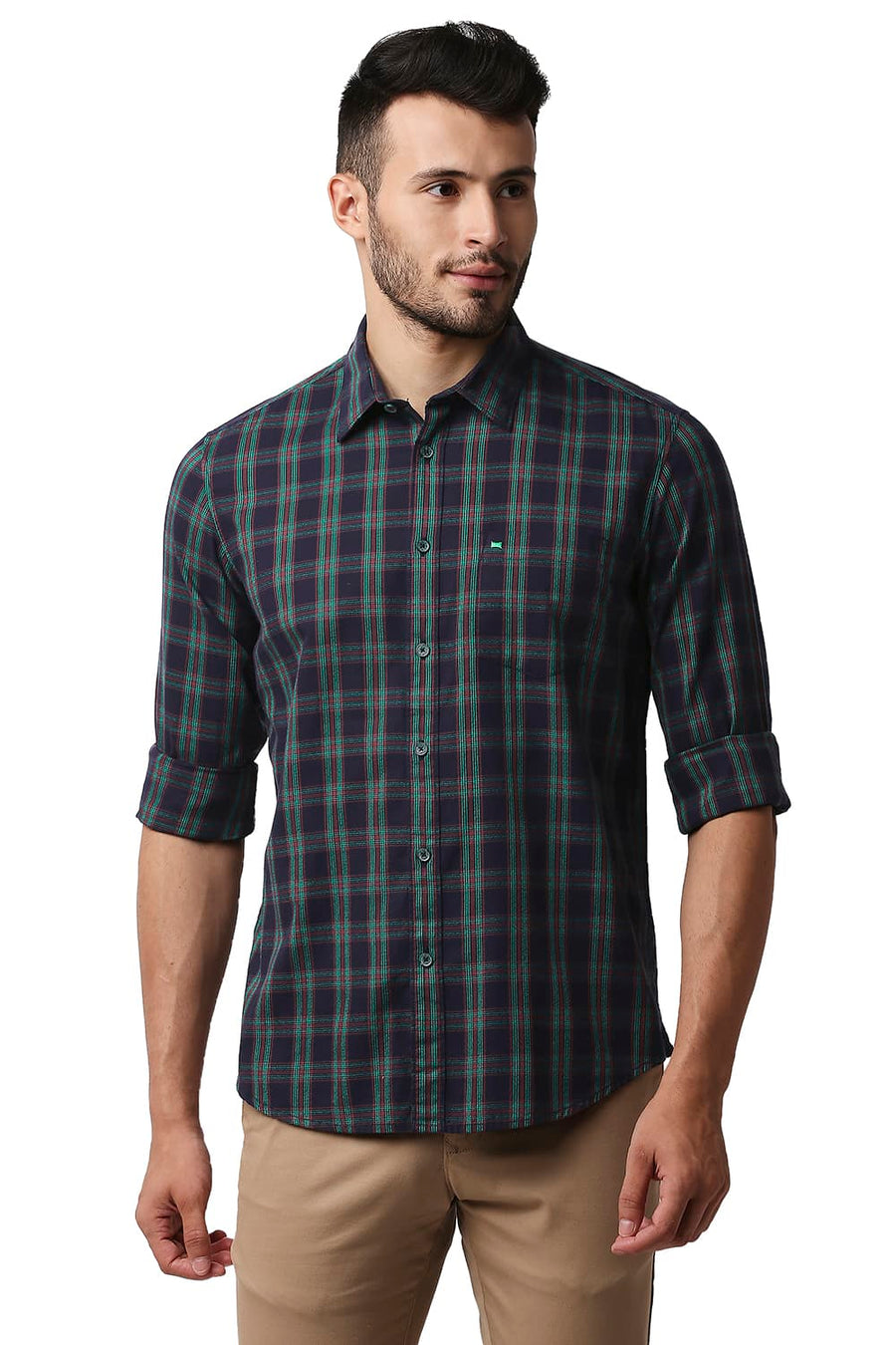 BASICS SLIM FIT POOL GREEN CREPE CHECKS SHIRT