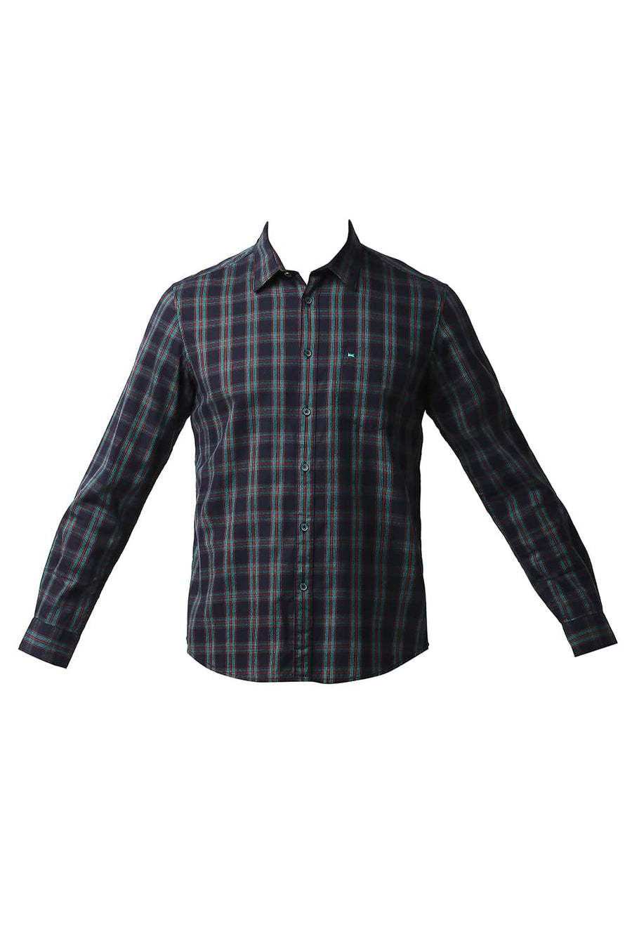 BASICS SLIM FIT POOL GREEN CREPE CHECKS SHIRT