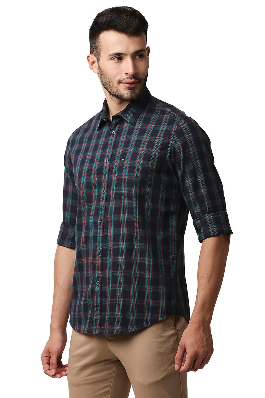 BASICS SLIM FIT POOL GREEN CREPE CHECKS SHIRT