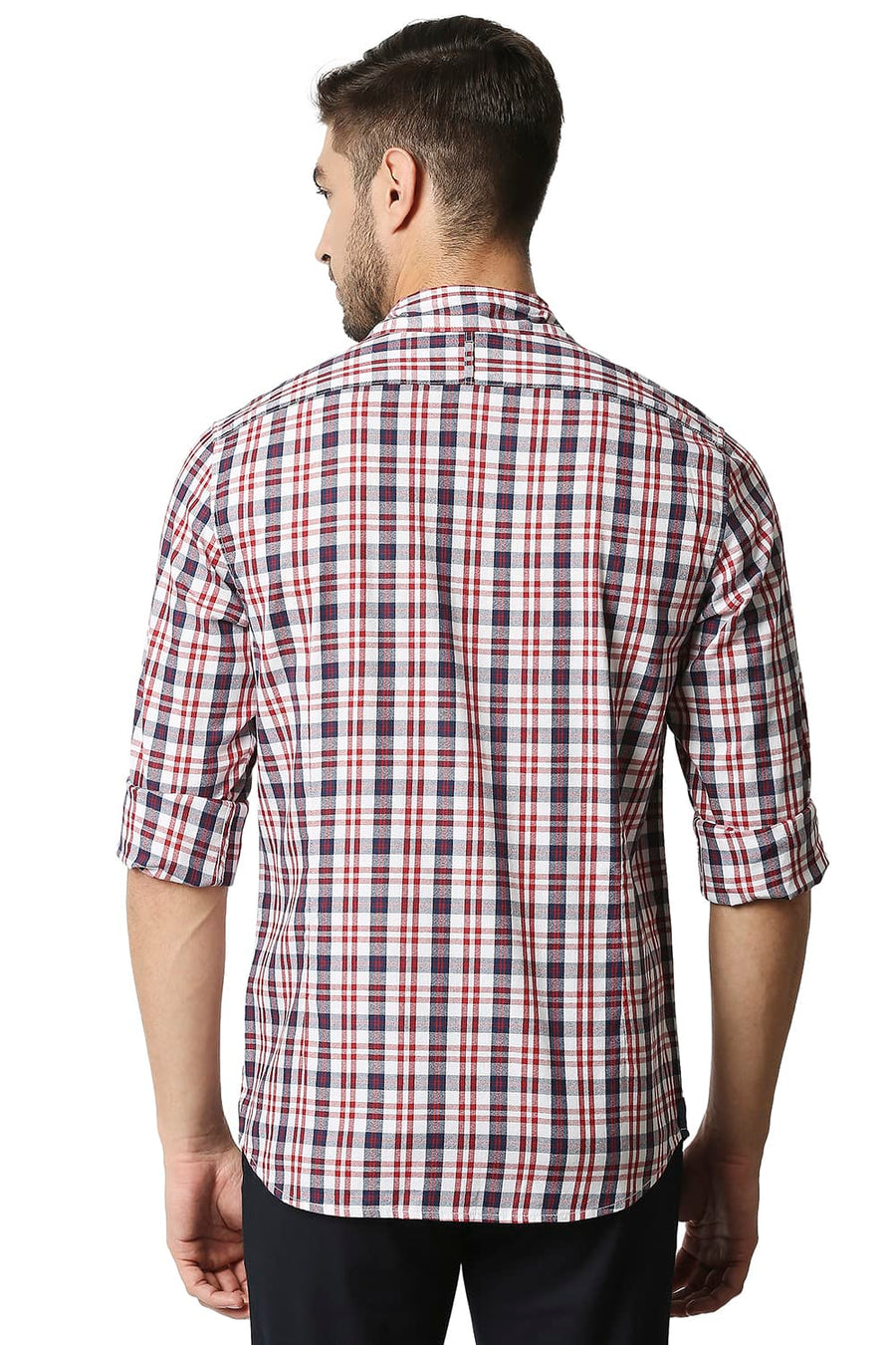 BASICS SLIM FIT GARNET RED CREPE CHECKS SHIRT