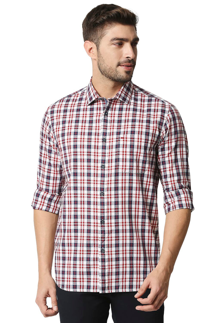 BASICS SLIM FIT GARNET RED CREPE CHECKS SHIRT