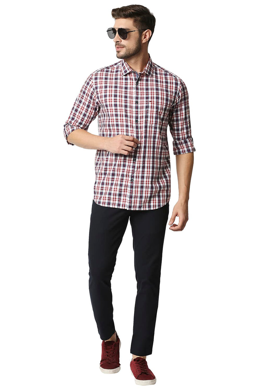 BASICS SLIM FIT GARNET RED CREPE CHECKS SHIRT
