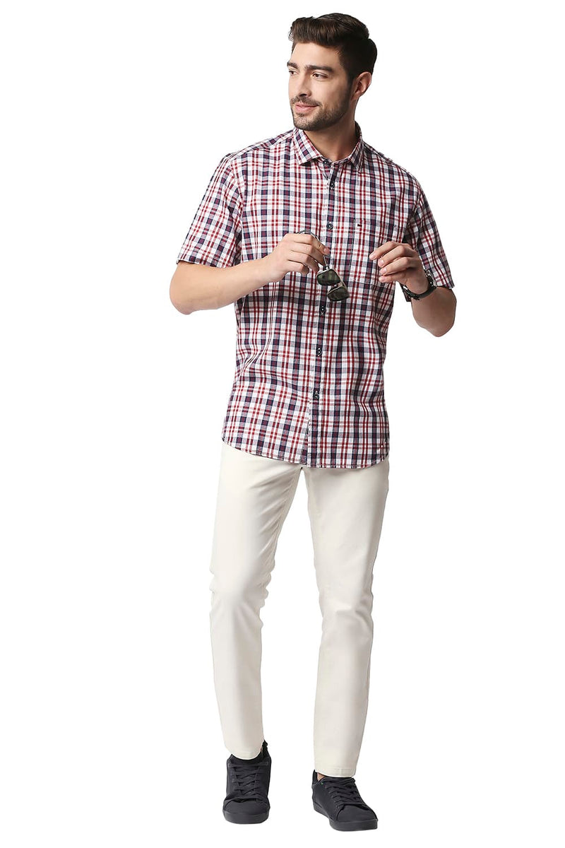 BASICS SLIM FIT CREPE CHECKS HALFSLEEVES SHIRT