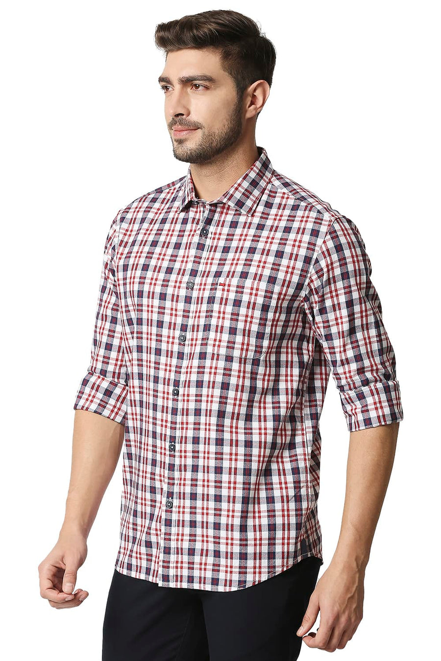 BASICS SLIM FIT GARNET RED CREPE CHECKS SHIRT
