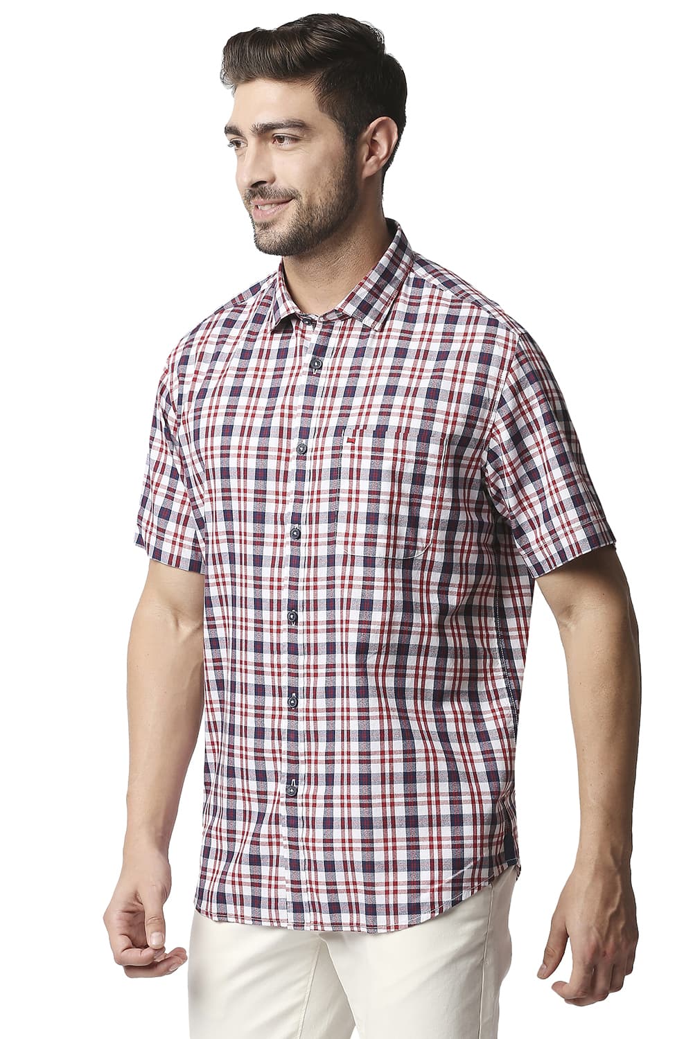 BASICS SLIM FIT CREPE CHECKS HALFSLEEVES SHIRT