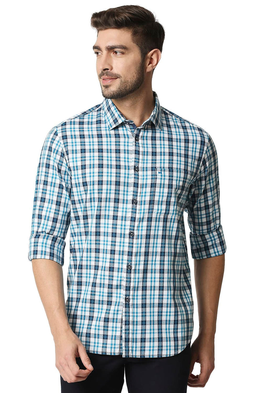 BASICS SLIM FIT CELESTIAL BLUE CREPE CHECKS SHIRT