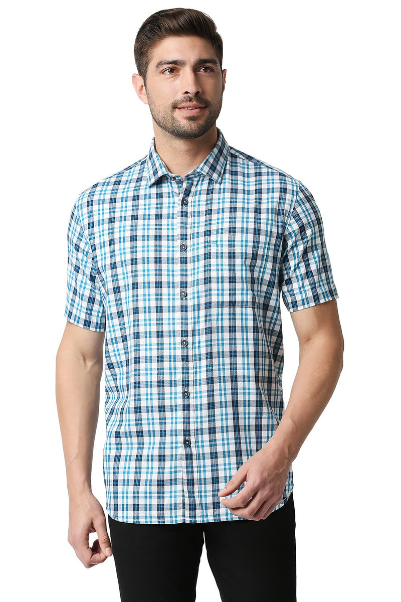 BASICS SLIM FIT CREPE CHECKS HALFSLEEVES SHIRT