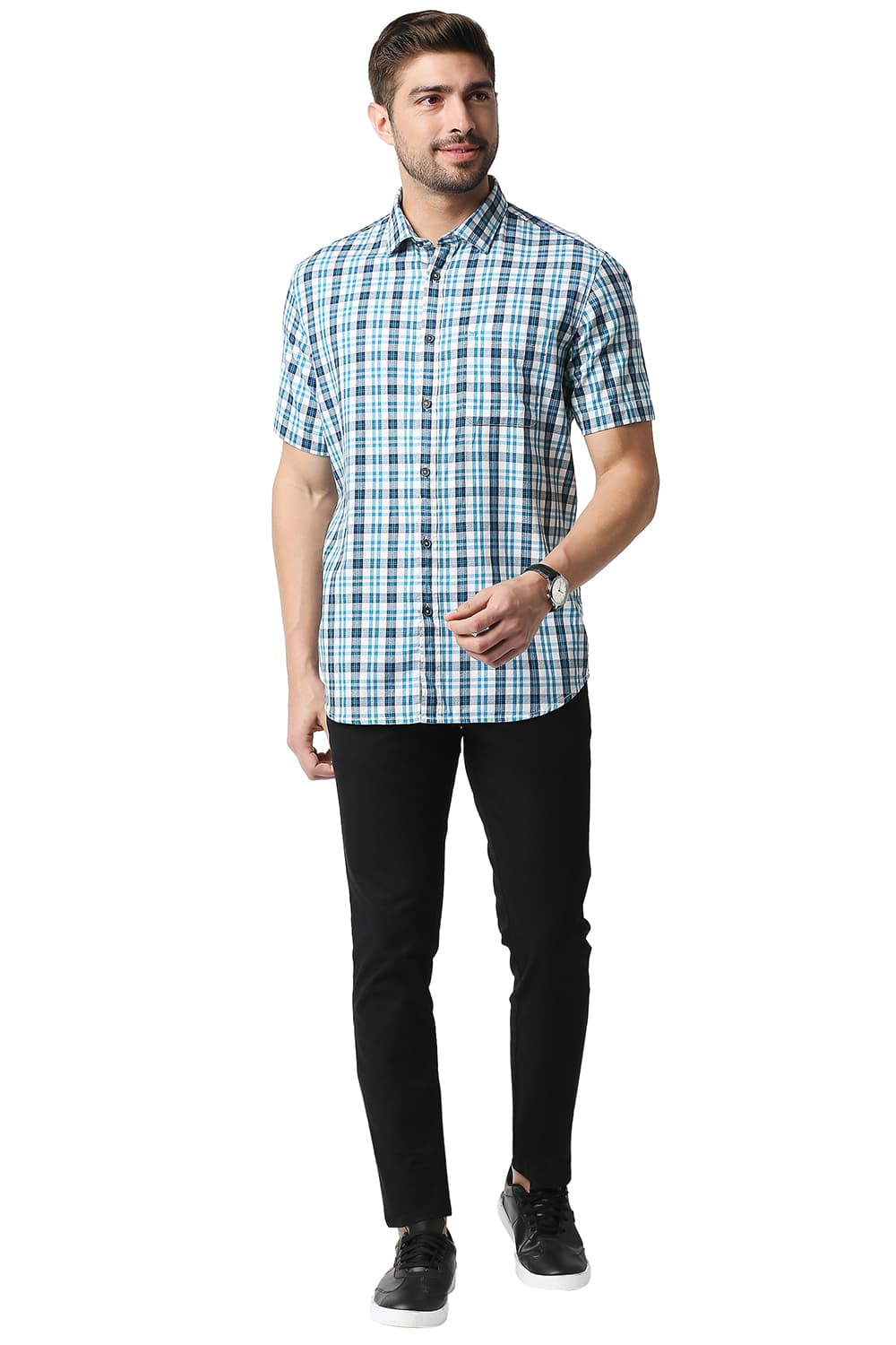 BASICS SLIM FIT CREPE CHECKS HALFSLEEVES SHIRT