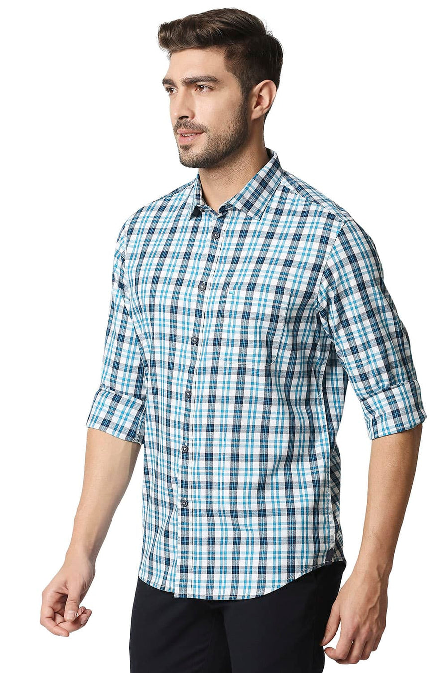 BASICS SLIM FIT CELESTIAL BLUE CREPE CHECKS SHIRT